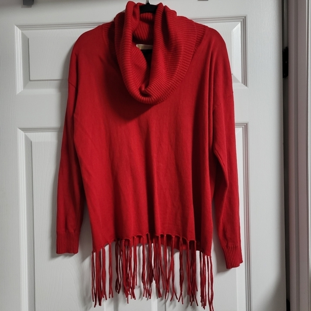 Michael Michael Kors - Red,Cowl Neck, Fringed Sweater - Size S Valentine's Day